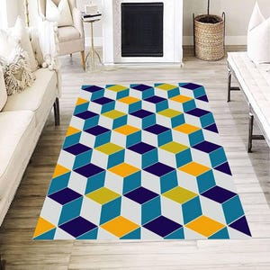 3D Cube Pattern Rug, Optical Illusion Geometric Carpet, Modern Colorful Floor Mat, Bold Contemporary Room Decor, Unique Gift for Home