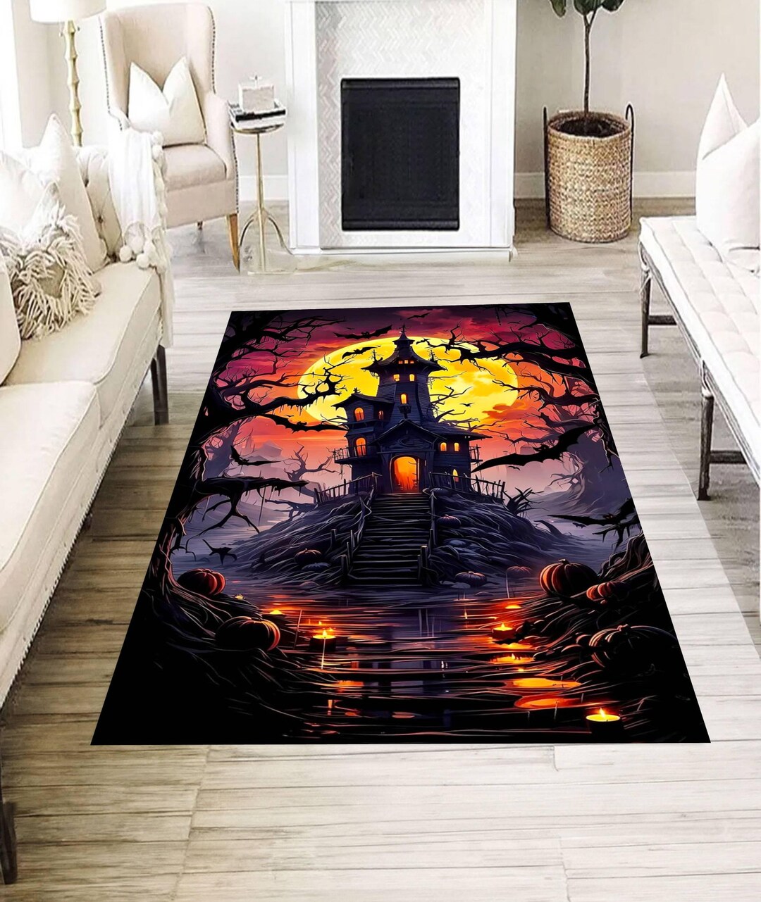 Haunted Mansion Halloween Rug, Spooky Moonlit Castle Carpet, Dark ...