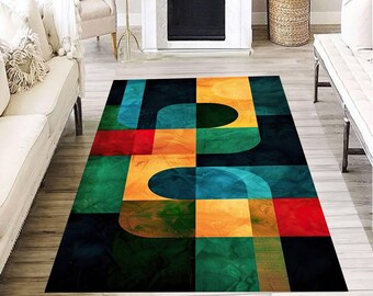 Geometric Color Block Rug, Modern Abstract Carpet, Retro Style Mat, Bold Living Room Decor