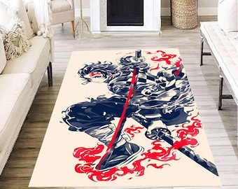 Samurai Warrior Rug, Fiery Sword Anime Carpet, Cool Japanese Style Floor Mat, Bold Art Rug for Teen Bedroom, Manga Fan Gift Room Decor