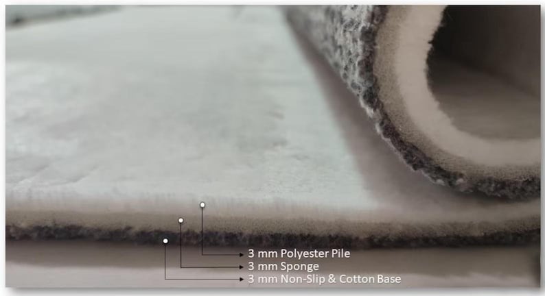 May include: A cross-section of a rug, showcasing its layered construction. The rug features a 3 mm polyester pile, a 3 mm sponge layer, and a 3 mm non-slip cotton base. The rolled edge reveals the rug's thickness and texture.