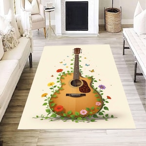 Floral Guitar Rug, Music Lover Room Carpet, Boho Music Decor Floor Mat, Acoustic Instrument Art Rug, Cozy Gift for Musicians and Artists