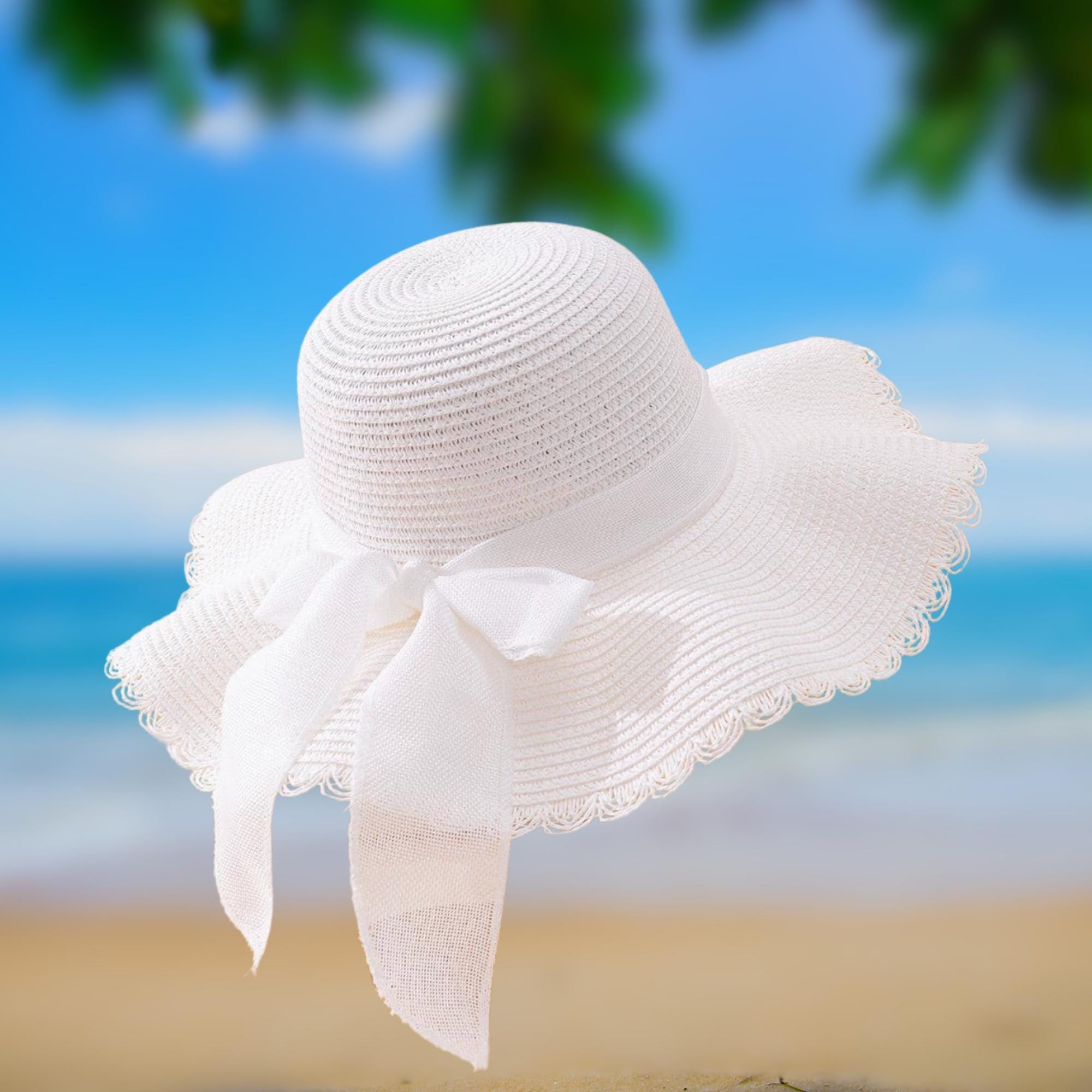 White Wide Brim Sun Hat: Elegant Bow Ribbon Beach Hat - Etsy display picture 1