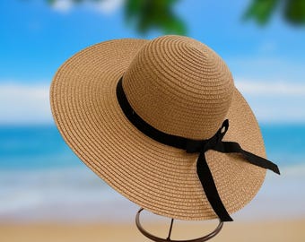 Beige Straw Sun Hat: Wide Brim Foldable Beach Hat With Black  display picture 3