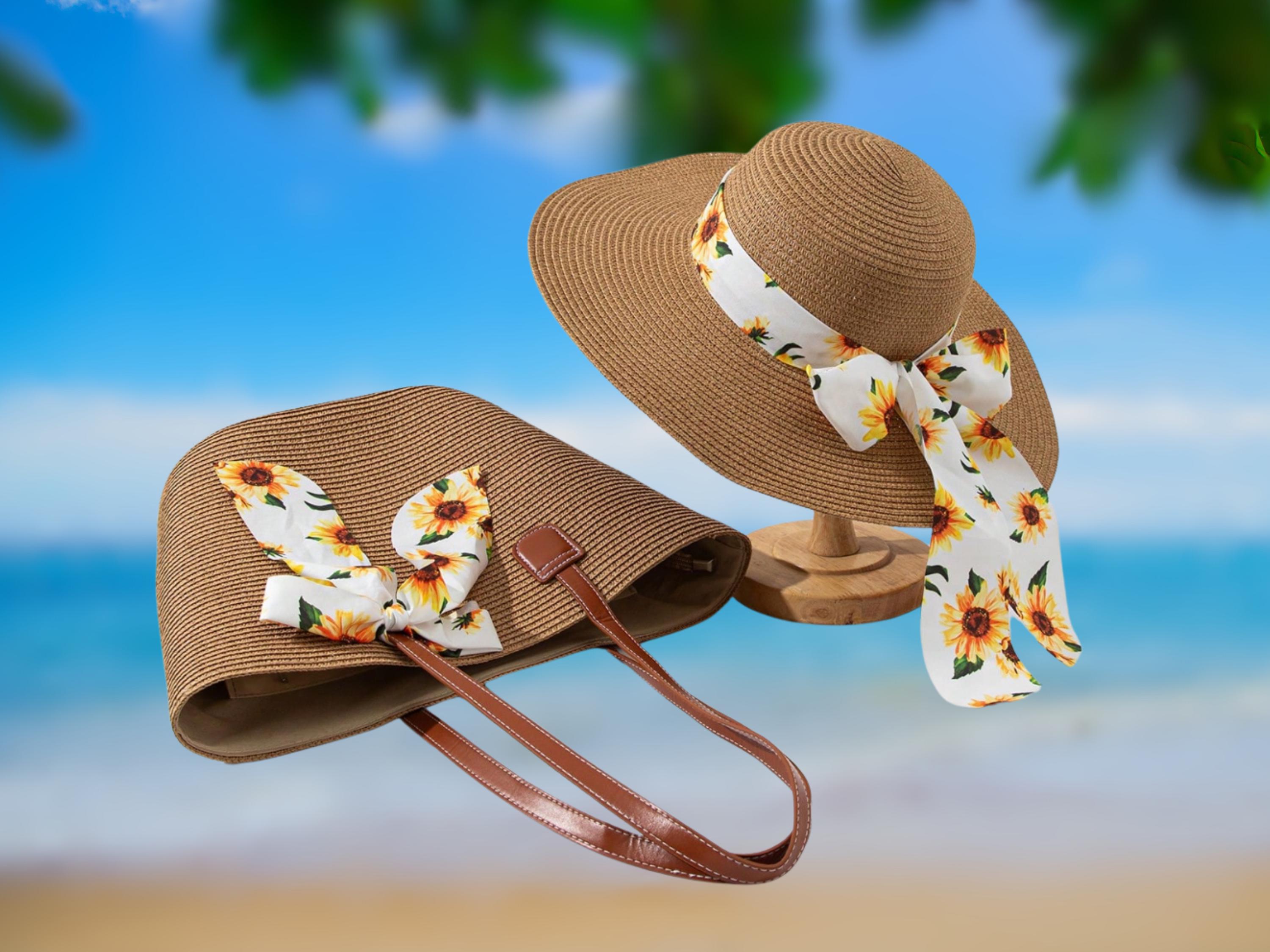 Boho Straw Hat and Tote Bag Set: Sunflower Bow, Wide Brim - Etsy display picture 1