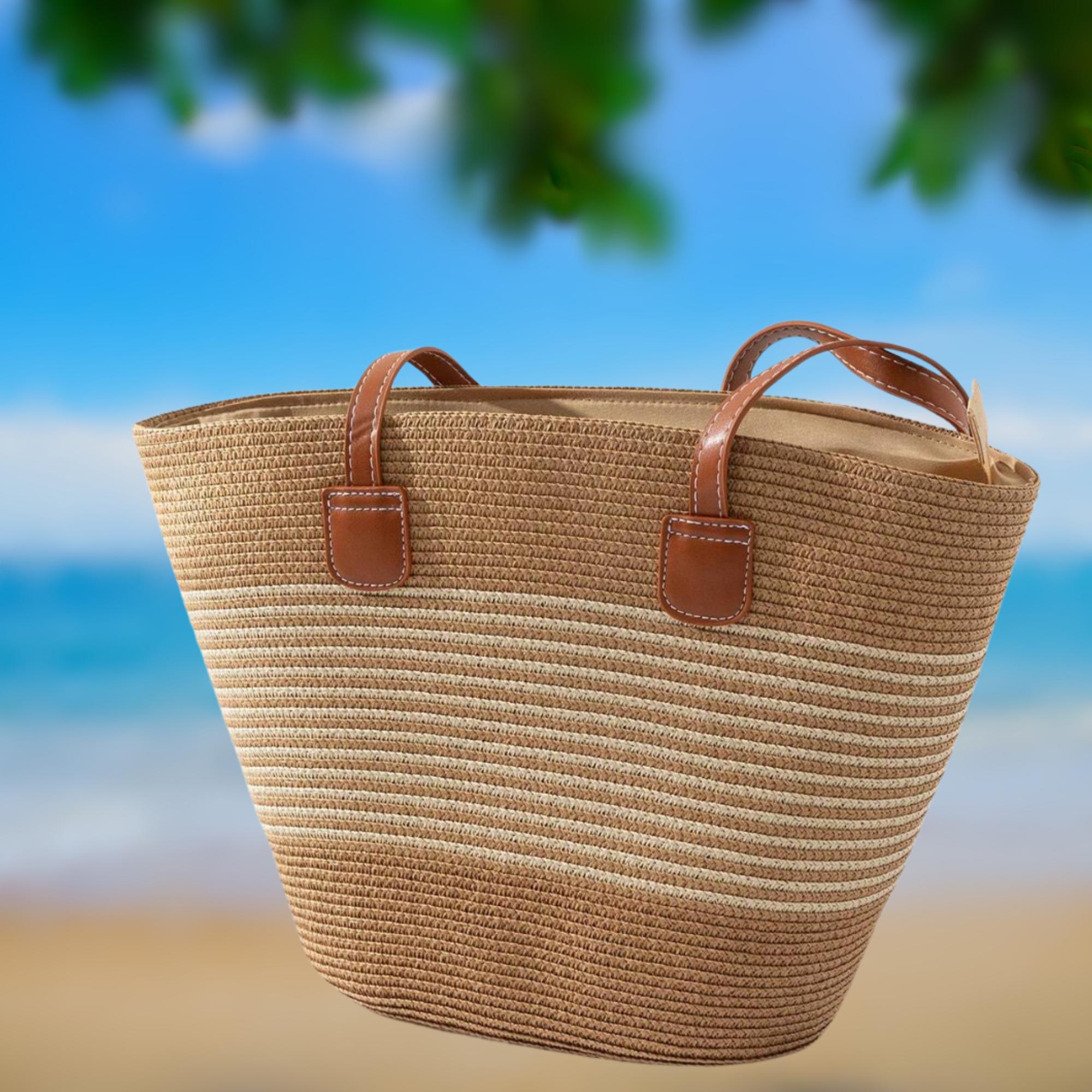 Straw Beach Hat & Striped Tote Set: Wide Brim Sun Protection 