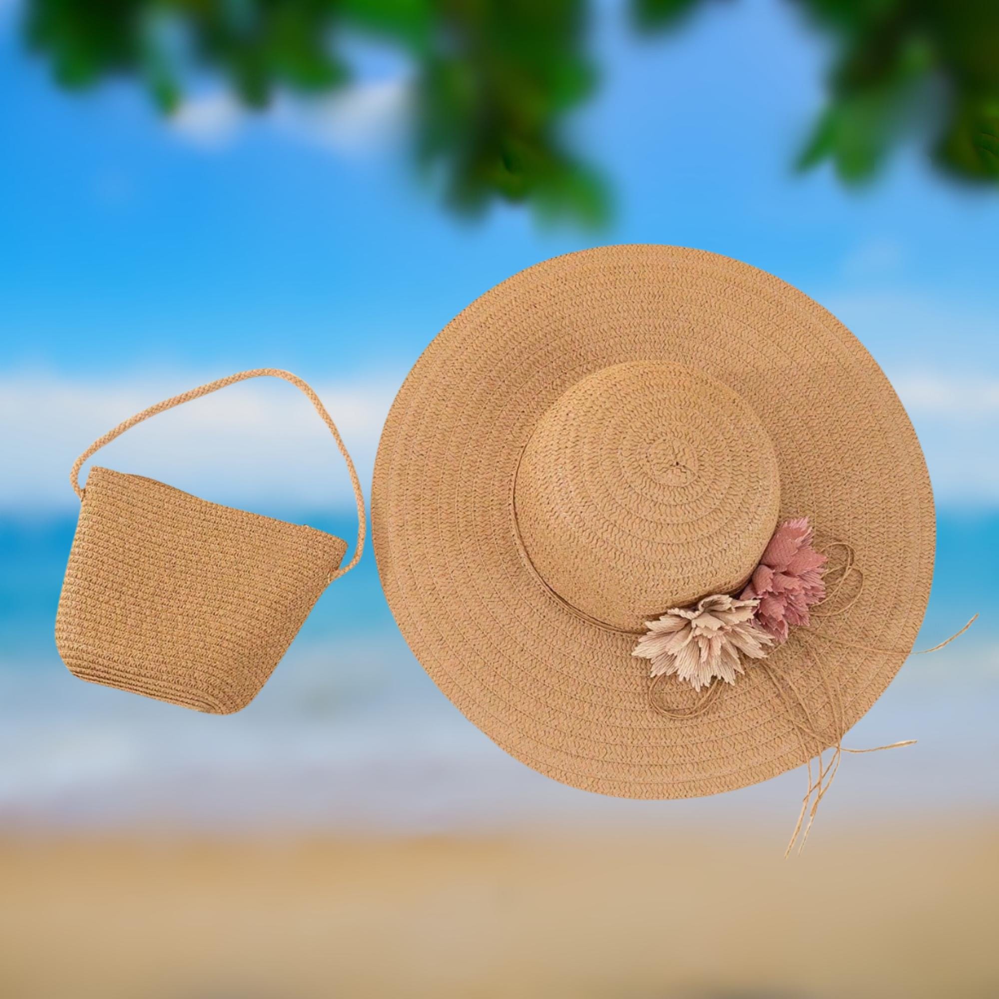 Beach bundle Hat Floppy Wide Brim Sun Hat Beachy with straw bag NEW Straw Sun Hat with Charms – Packed Party main image 4