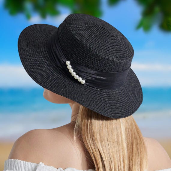 Wide Brim Black Straw Sun Hat: Satin Ribbon & Pearls 