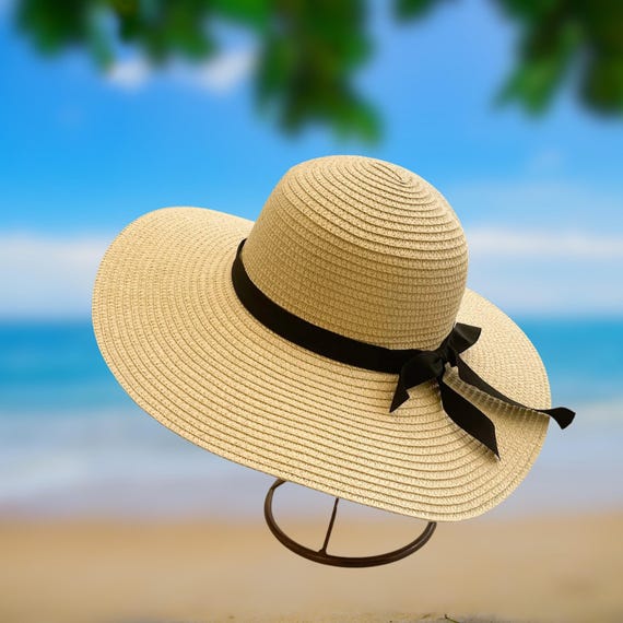 Cream Straw Sun Hat: Wide Brim, Black Ribbon - Foldable  display picture 1