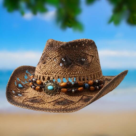Stylish Tan Straw Hat with Beaded Accent Wide Brim Beautiful Tan Faux Leather Fedora Hat Accented  main image 3