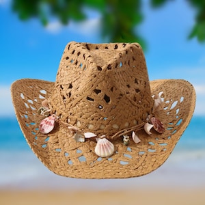Boho Shell Decor Straw Cowboy Hat – Hollow Woven Summer Cowgirl Hat for Beach, Travel, Festivals, Sun Shade Western Hat for Women & Men