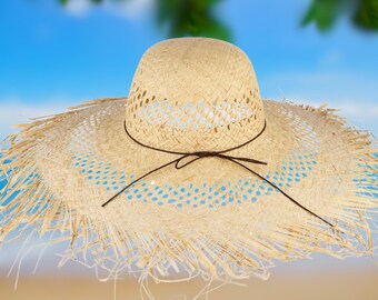Wide Brim Straw Sun Hat, Floppy Black Fringe Trim Teardrop  display picture 3