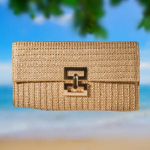 Woven Straw Clutch Bag with Twist Lock – Chic Beach Handbag for Women, Summer Vacation Purse, Boho Minimalist Natural Raffia Evening Bag