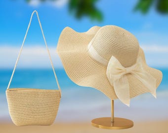 Boho Straw Sun Hat and Crossbody Bag Set: Wavy Brim, Bow  display picture 1