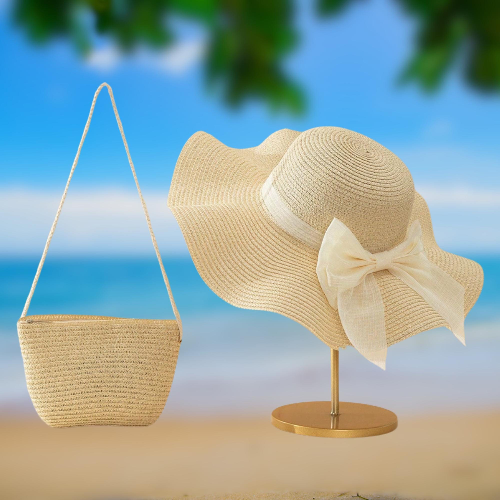 Raffia Beach Accessories Set Tan Floppy Sun Hat Bag Wicker Earrings Sunglasses Shady lady: The best sun hats for women main image 4