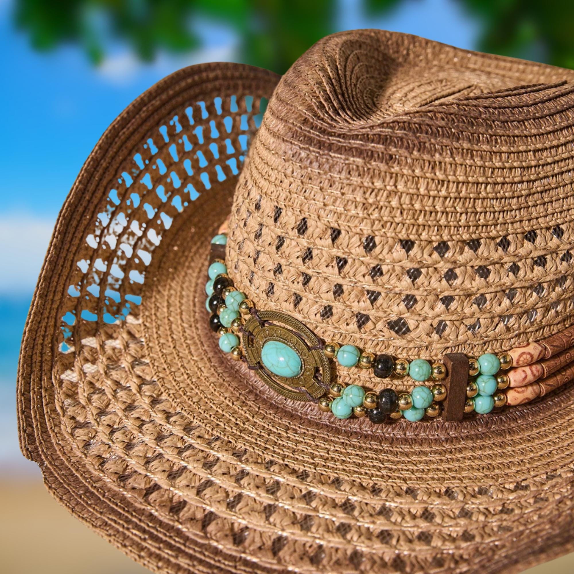 Boho Straw Cowboy Hat: Turquoise Beaded Band, Western Style  display picture 1