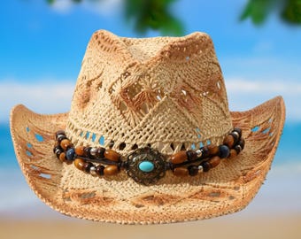 Boho Western Straw Cowboy Hat: Turquoise Beaded Band, Woven  display picture 2
