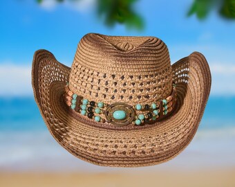 Boho Straw Cowboy Hat: Turquoise Beaded Band, Western Style 