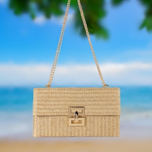 Woven Straw Clutch Purse: Elegant Twist Lock Beach Shoulder Bag