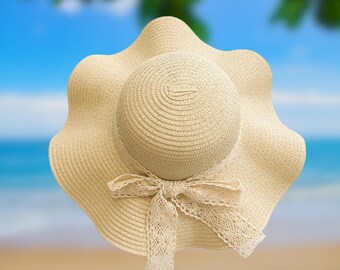 Wide Brim Straw Sun Hat: Vintage-inspired Lace Ribbon - Boho  display picture 3