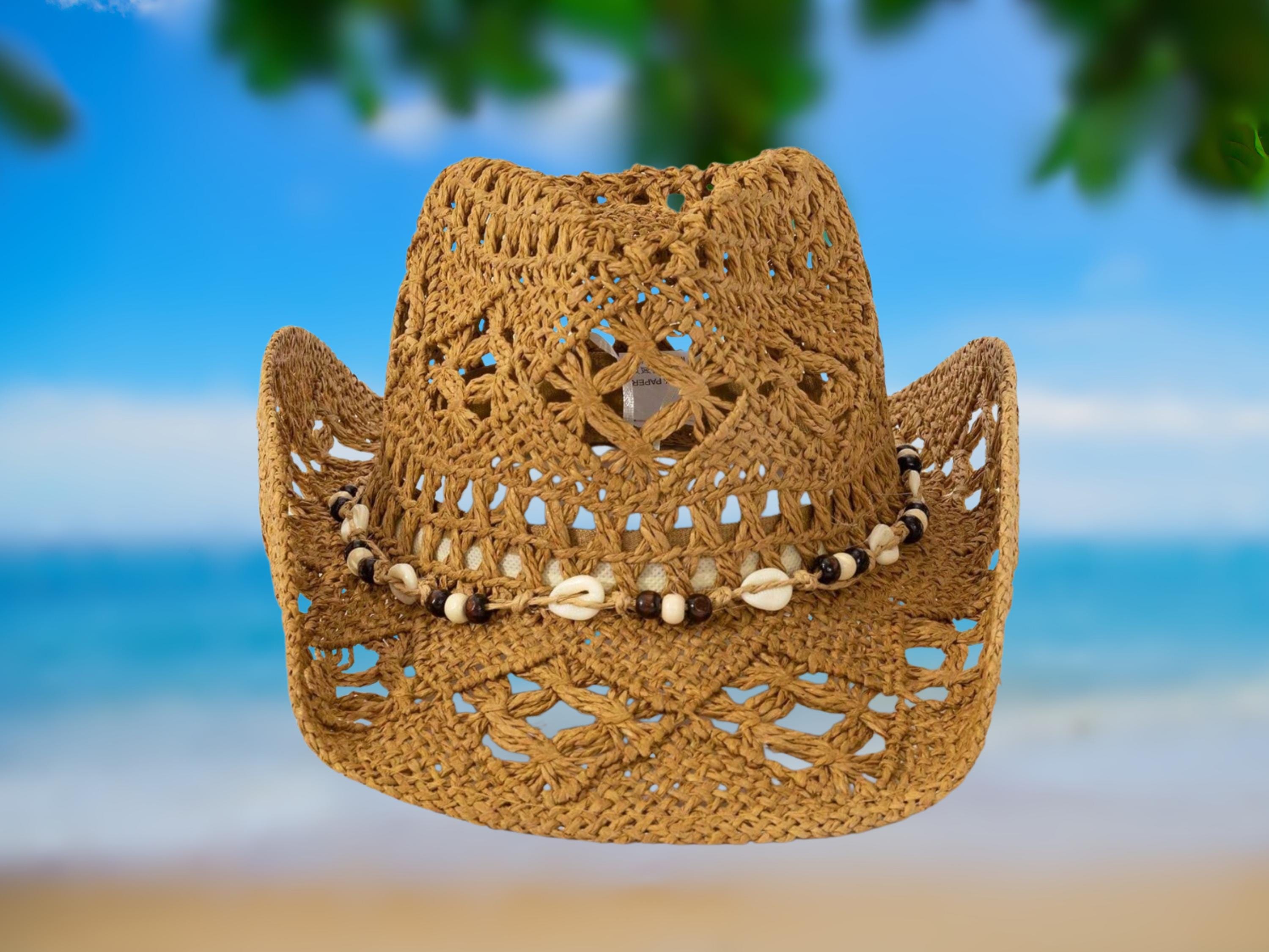 Boho Straw Cowboy Hat: Shell Bead Accent - Western Beach  display picture 1