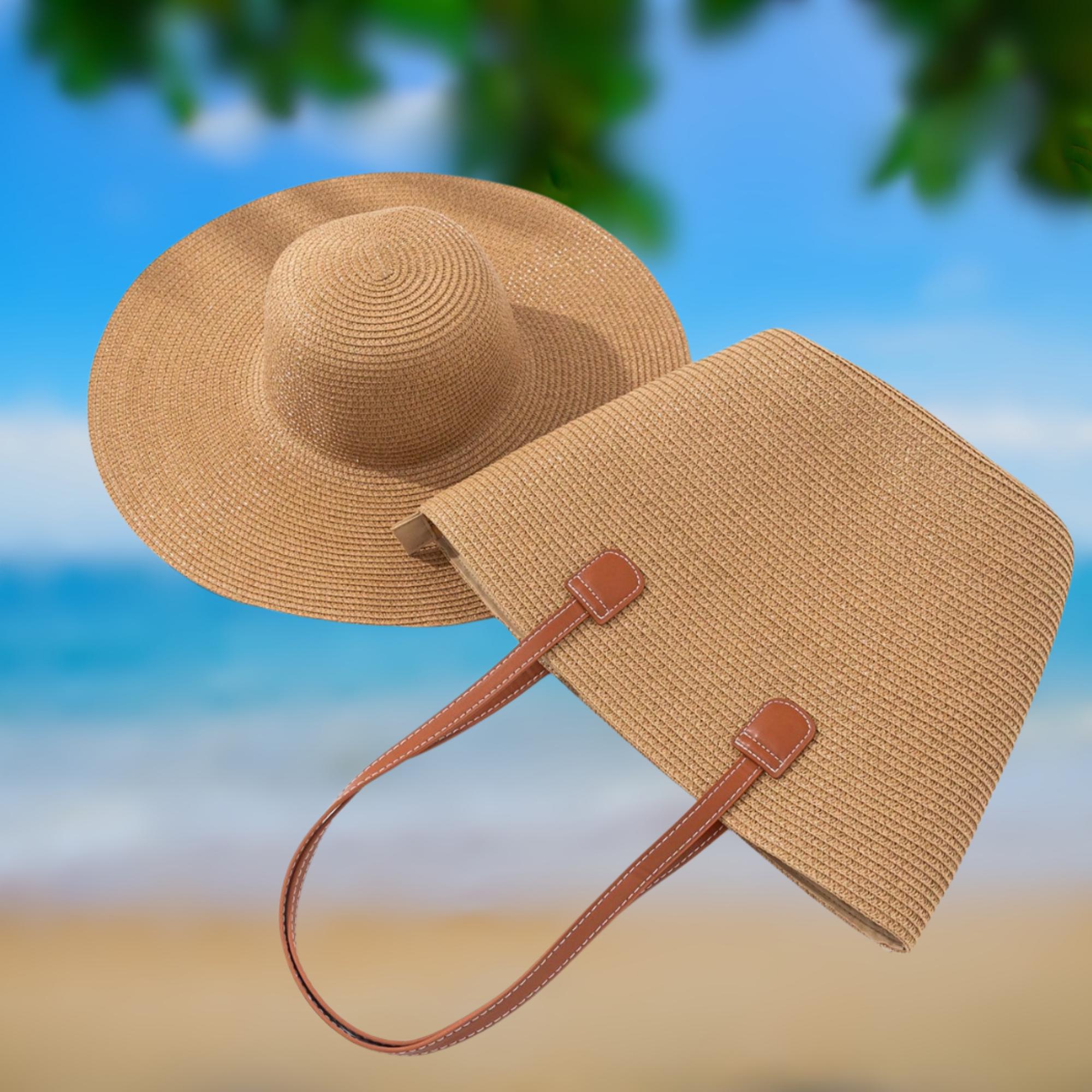 Straw Tote and Sun Hat Set Woven Beach Bag Foldable Hat Vacation Travel Aloha Beach Bag Beach Bag & Sun Hat Set - Waterproof Straw  main image 2