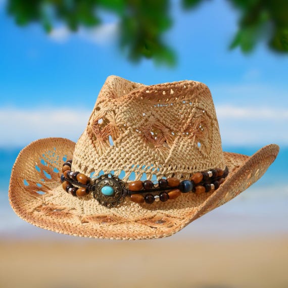 Boho Western Straw Cowboy Hat: Turquoise Beaded Band, Woven  display picture 3