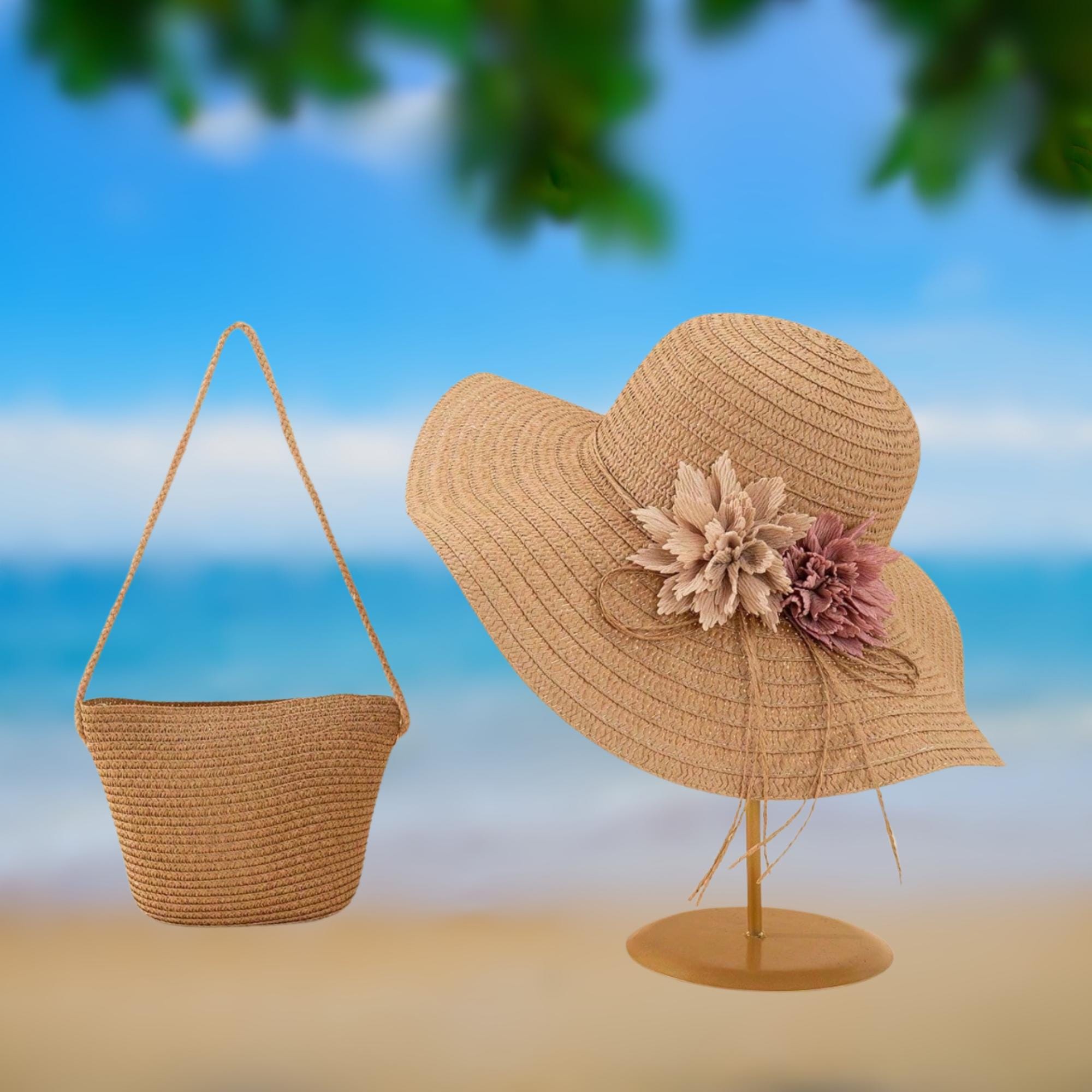 Chapeau De Pêcheur En Paille Pour Femme Ou Fille - Bord Large - UPF 50+ - Pliable - Taille Réglable 56-58 Cm - Style Bohème Floral