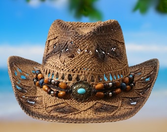 Dark Boho Cowboy Hat: Turquoise Beaded Western Straw Hat