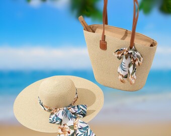 Floral Bow Straw Hat & Tote Bag Set: Beach Chic Resort  display picture 1