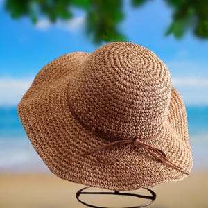 Woven Brown Straw Sun Hat for Women – Lightweight Wide Brim Summer Hat with Bow Detail, Casual Chic Beach Accessory, Travel-Ready Gift
