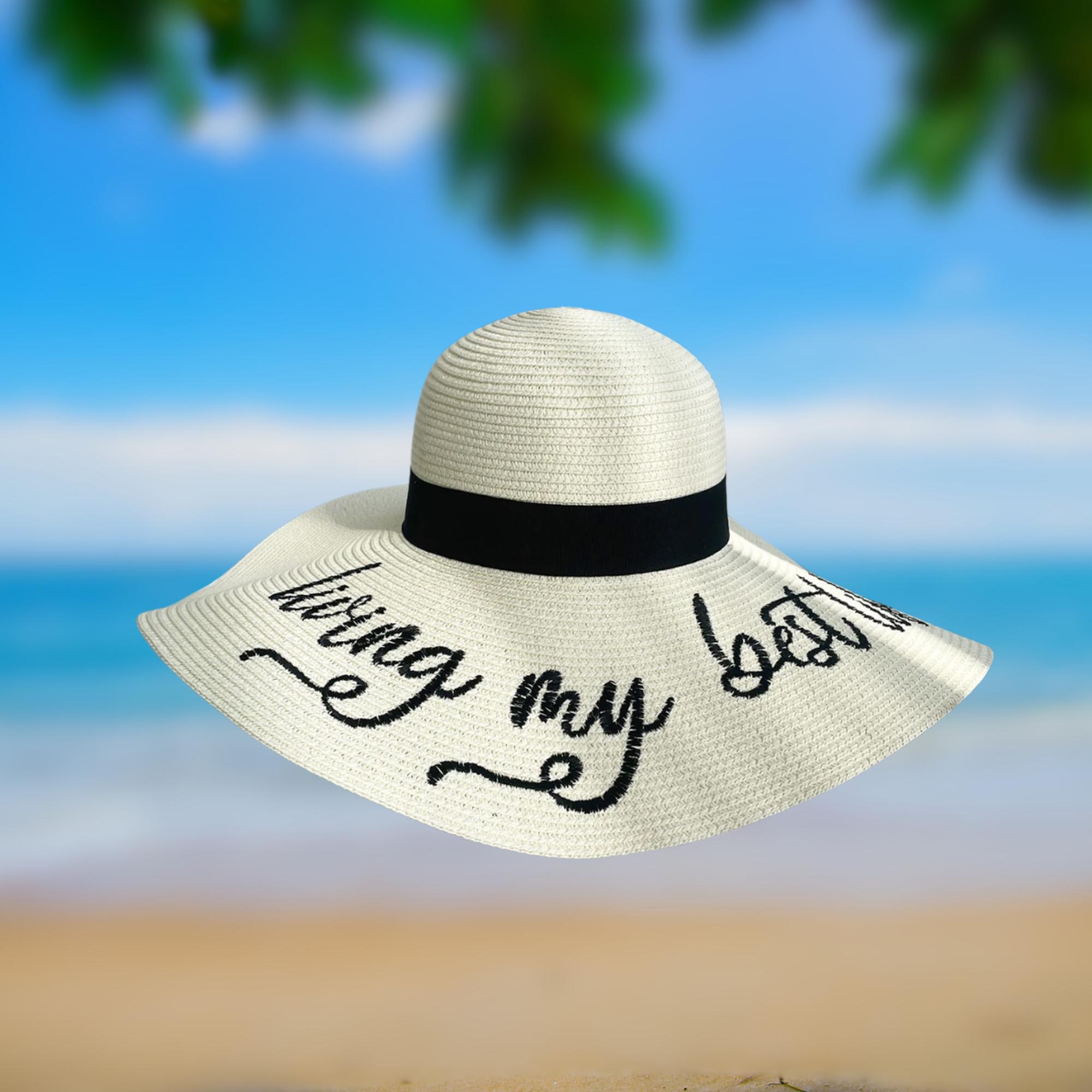 Wide Brim Beach Hat With “living My Best Life” Embroidery  display picture 3