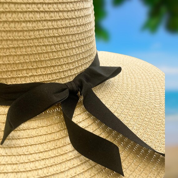 NWT wide brim cream sand color straw hat black ribbon band great beach walking Beige Straw Sun Hat: Wide Brim Foldable Beach Hat With Black  main image 4