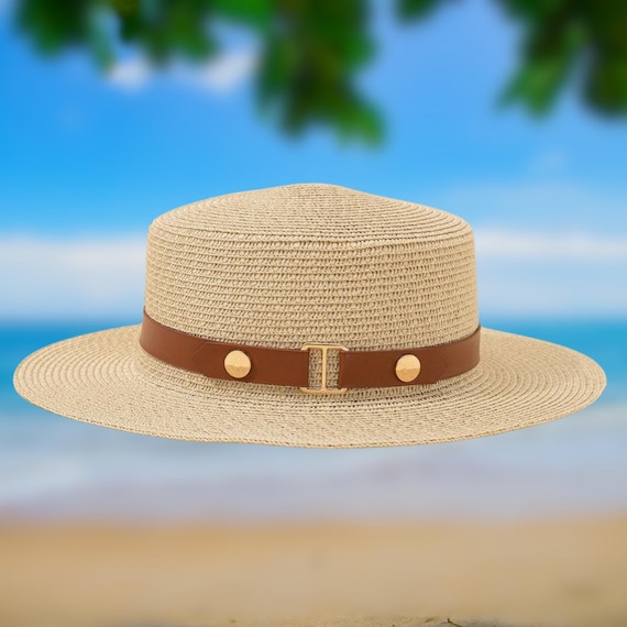 Straw Boater Hat: Wide Brim Sun Hat With Faux Leather Band
