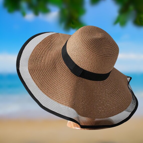 Wide Brim Woven Sun Hat With Black Mesh Edge – Elegant  display picture 2
