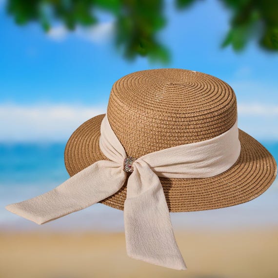 Vintage-inspired Straw Hat: Cream Bow & Jewel Brooch  display picture 1