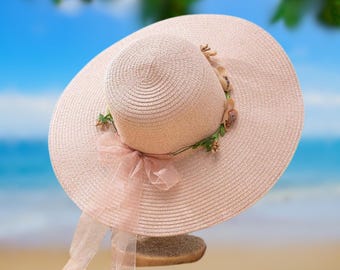 Pink Summer Lace Style Wide Brim Straw Hat, Holiday Hat  display picture 2