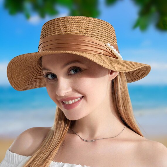 Wide Brim Straw Sun Hat: Pearl Satin Band, Elegant Beach Accessory