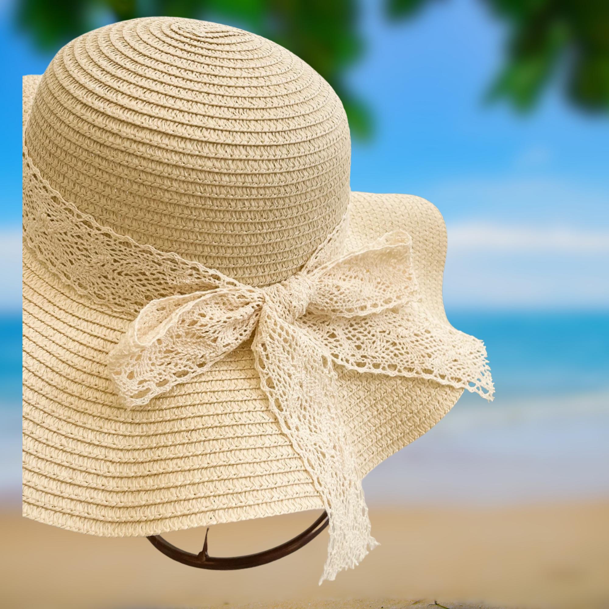 Wide Brim Straw Sun Hat: Vintage-inspired Lace Ribbon - Boho 