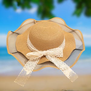 Vintage Lace Ribbon Straw Hat For Women, Wide Brim Summer Beach Hat With Sheer Edge, Elegant Sun Hat Gift For Her, Romantic Picnic Look