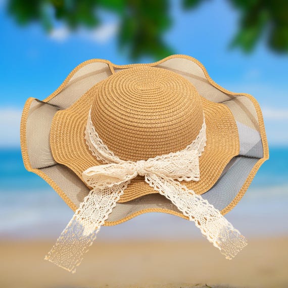 Vintage Lace Ribbon Straw Sun Hat: Wide Brim Beach Hat  display picture 2