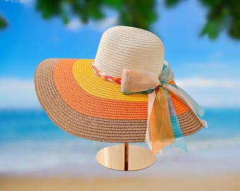 Colorful Gorgeous Wide Brim Woven Sun Summer Hat with Bow Exclusive Blue Packable Wide Bow Sunhat | Toucan Hats main image 3