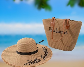 Black Straw Hat and Tote Bag Set: Tropical Floral Bow, Beach  display picture 1