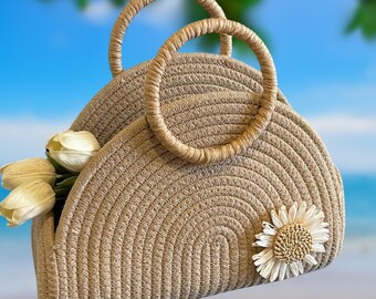 Daisy Straw Tote Bag: Woven Semi-circle Purse, Boho Beach Bag