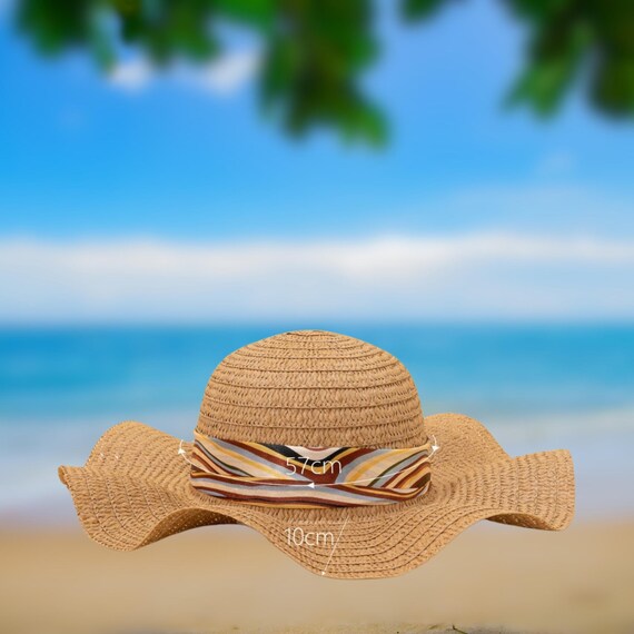 Wide Brim Straw Sun Hat: Striped Ribbon Bow, Elegant Beach  display picture 3