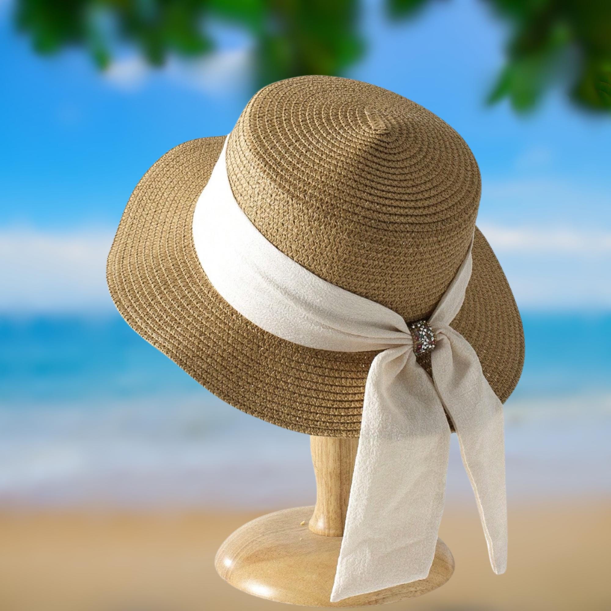 Stylish Cream Straw Hat with Metallic Gold Bow Wide Brim Straw Hat In Tan With Beige Bow - Tropicana Collection main image 3
