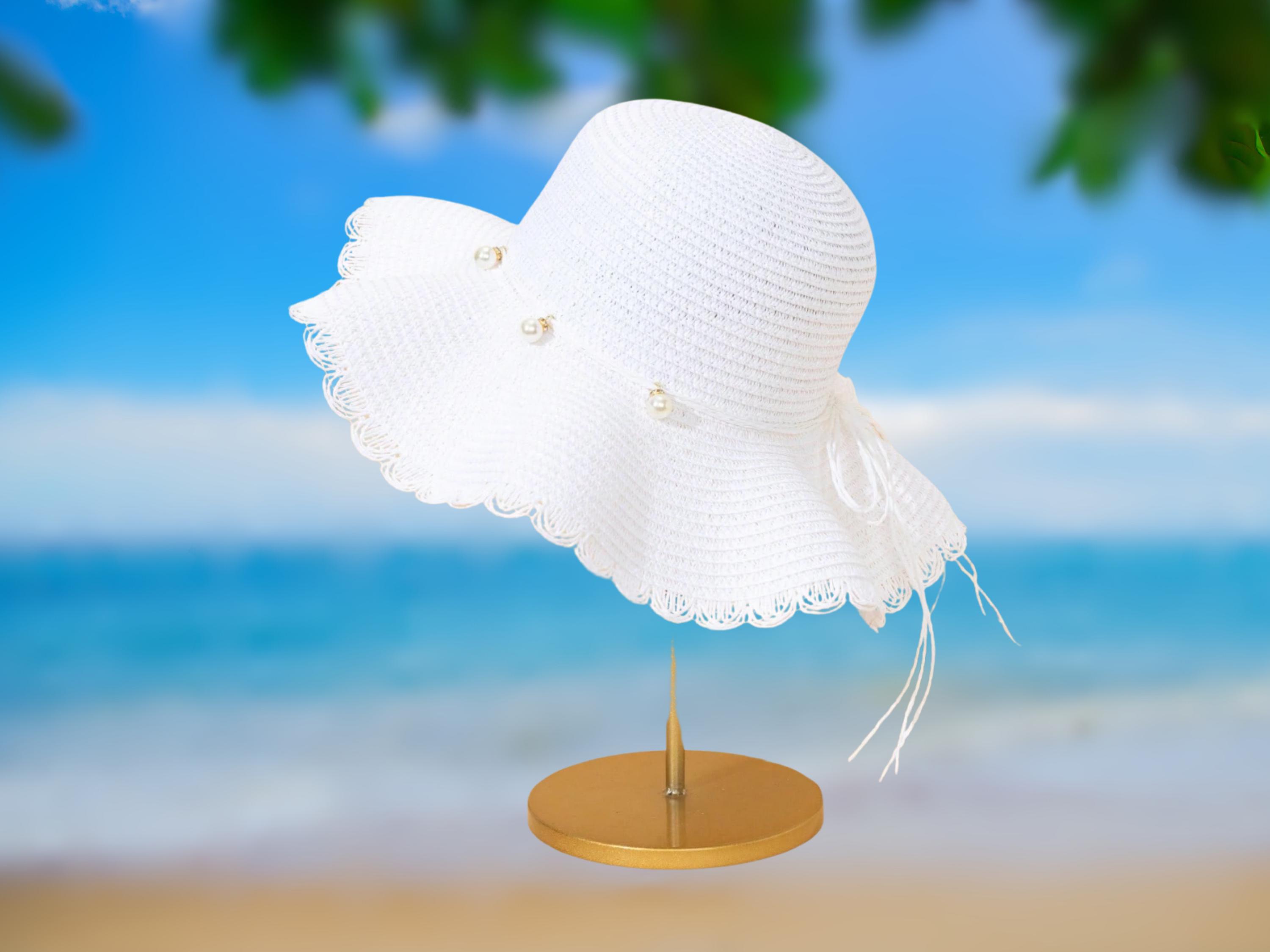 White Wavy Brim Straw Sun Hat: Pearl & Bow Detail - Beach  display picture 3