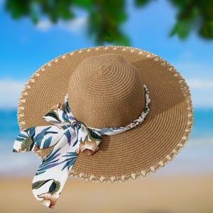 Wide Brim Straw Sun Hat: Floral Ribbon, Foldable Beach Accessory