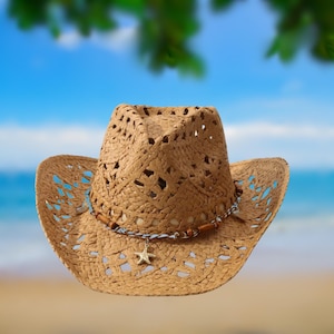 Boho Straw Cowboy Hat with Starfish Charm – Handwoven Beach Western Hat for Women, Summer Festival Accessory, Coastal Cowgirl Style