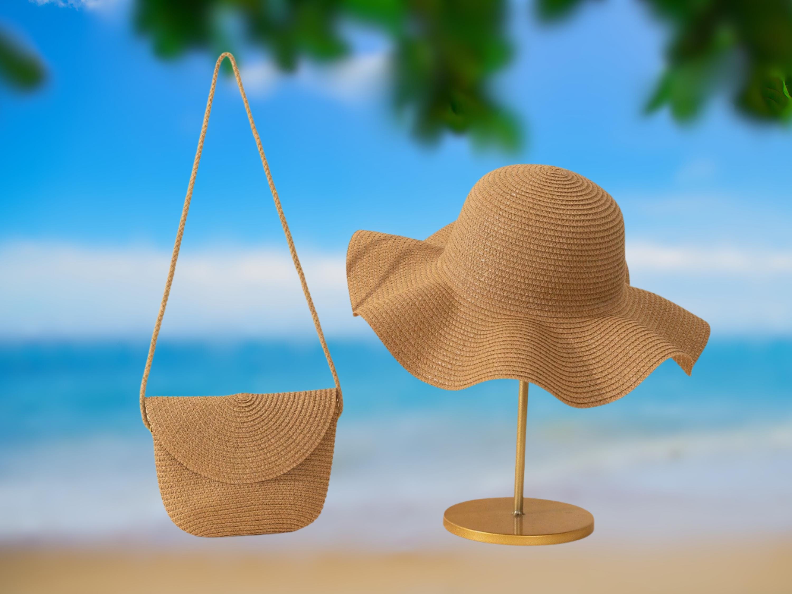 Boho Beach Set Floppy Sun Hat Straw Bag Sunglasses Earrings Bracelet Woven Straw Sun Hat and Crossbody Bag Set: Boho Beach Style  main image 2